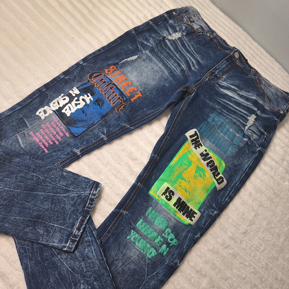 Graffiti Hip Hop Slim Taper Fit Jeans Mens 36X32 Denim Dark Wash Street Wear